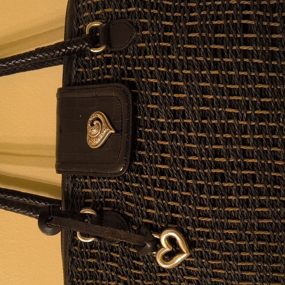 BRIGHTON Raffia Jute Woven Shoulder Bag Purse Handbag Satchel/Brn Leather - Picture 3 of 7